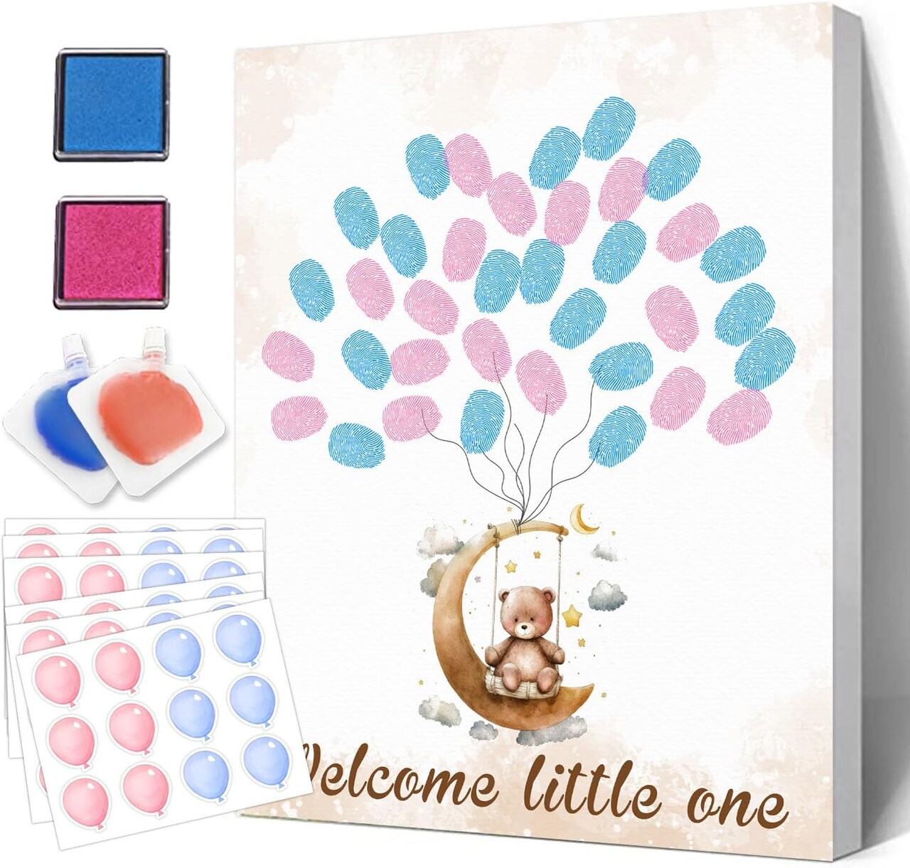 Gender Reveal Party Fingerprint Tree Sign, a Baby Shower Guest Book,Woodland Baby Shower Guest Book,Moon Bear Theme Canvas Baby Shower, Gender Reveal Keepsake